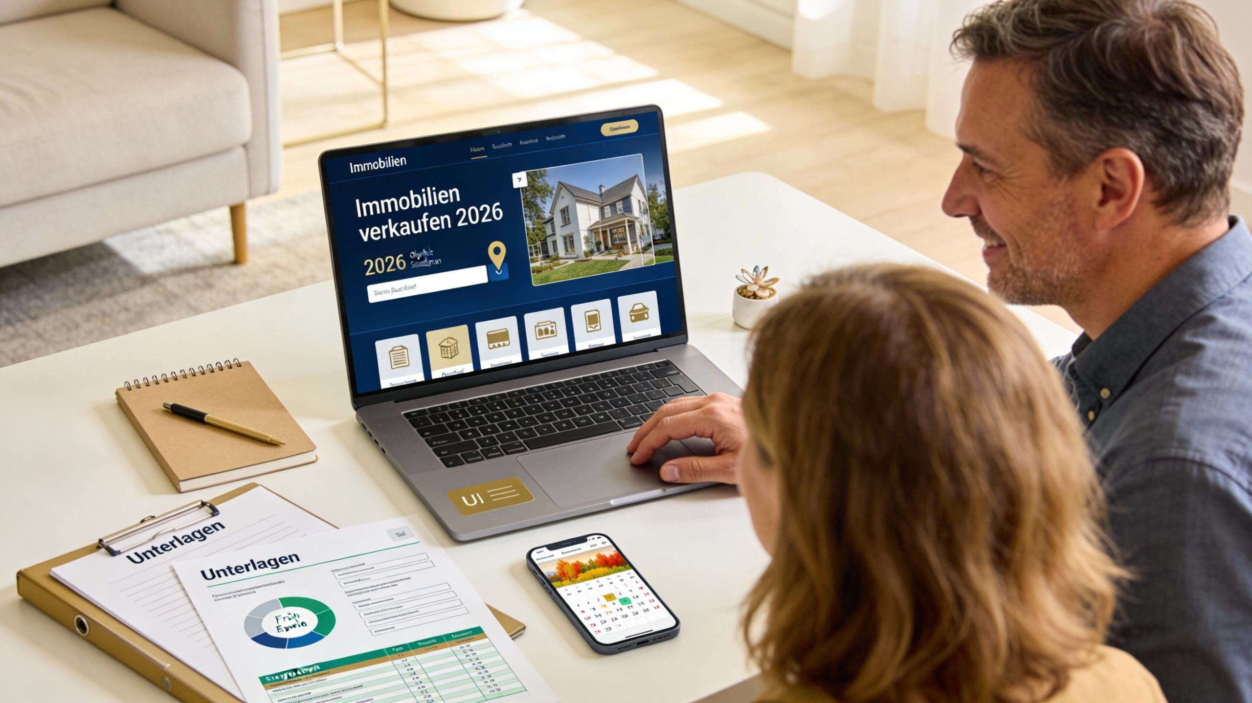 Immobilien verkaufen 2026: Eigentümer-Paar plant digitalen Immobilienverkauf am Laptop mit Multi-Portal-Reichweite