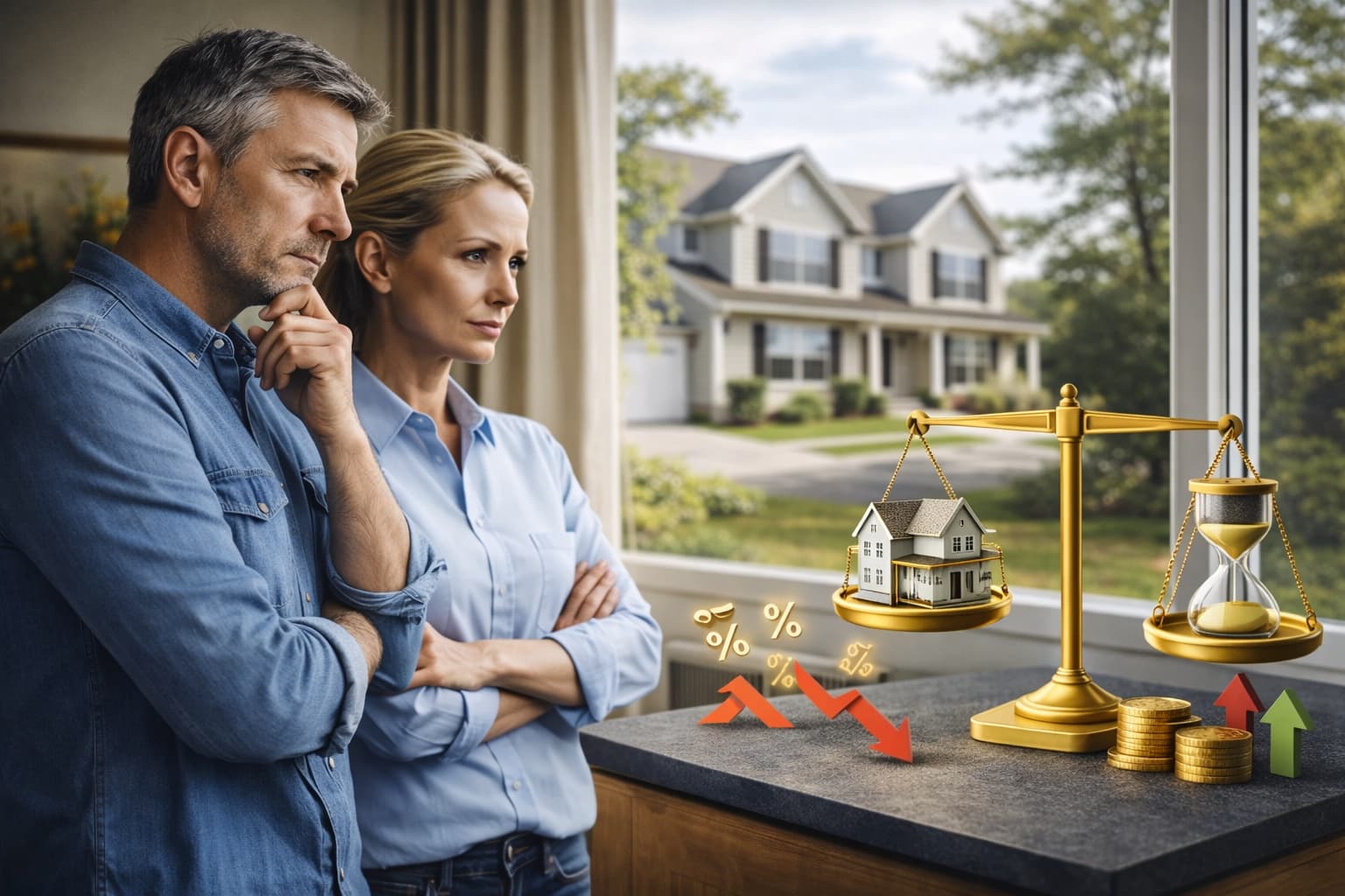 Das Bild zeigt zwei Eigentümer, die sich mit dem Thema Immobilien verkaufen in der Krise 2026 beschäftigen und gemeinsam analysieren, ob sie ihre Immobilie jetzt verkaufen oder zunächst abwarten sollten. Die dargestellte Waage symbolisiert die Abwägung zwischen Chancen und Risiken im Immobilienmarkt 2026. Faktoren wie Preisentwicklung, Nachfrage und Zeit spielen eine entscheidende Rolle für die optimale Verkaufsstrategie.